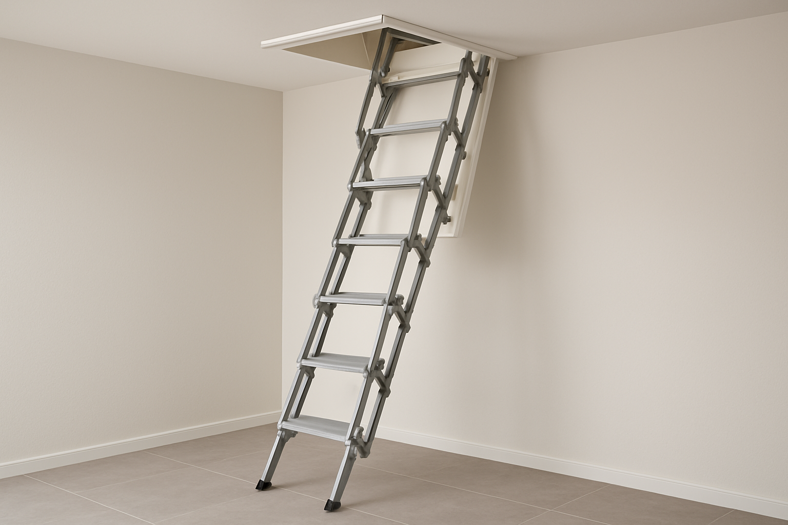A functional foldable loft ladder extended from a ceiling hatch in a minimalist room